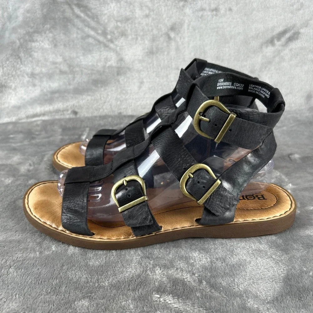 Born Haidee Black Leather Gladiator Sandals Womens 10 M BR0046903 Flat Strappy
